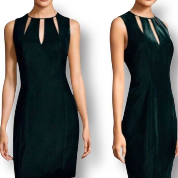 Elie Tahari 12 Green Velvet Cutout Sheath Midi Dress Cocktail Party Festive Chic - Picture 1 of 15